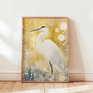 Poster con airone bianco, elegante stampa artistica da parete con airone, opera d'arte di ispirazione giapponese con gru, decorazione naturale in oro e blu, stampa con uccello pacifico