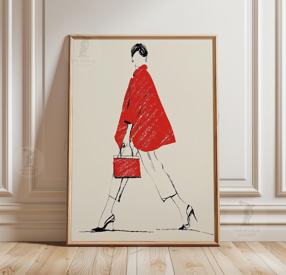 Red Coat Fashion Illustration Print | Minimalist Chic Woman Line ...