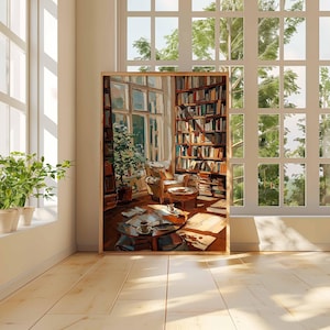 May include: A framed painting of a cozy library scene with bookshelves, a table, and chairs. The painting is set against a backdrop of large windows and natural light. A potted plant sits on a windowsill.