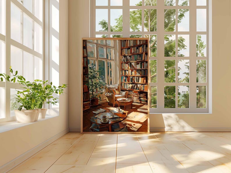 May include: A framed painting of a cozy library scene with bookshelves, a table, and chairs. The painting is set against a backdrop of large windows and natural light. A potted plant sits on a windowsill.