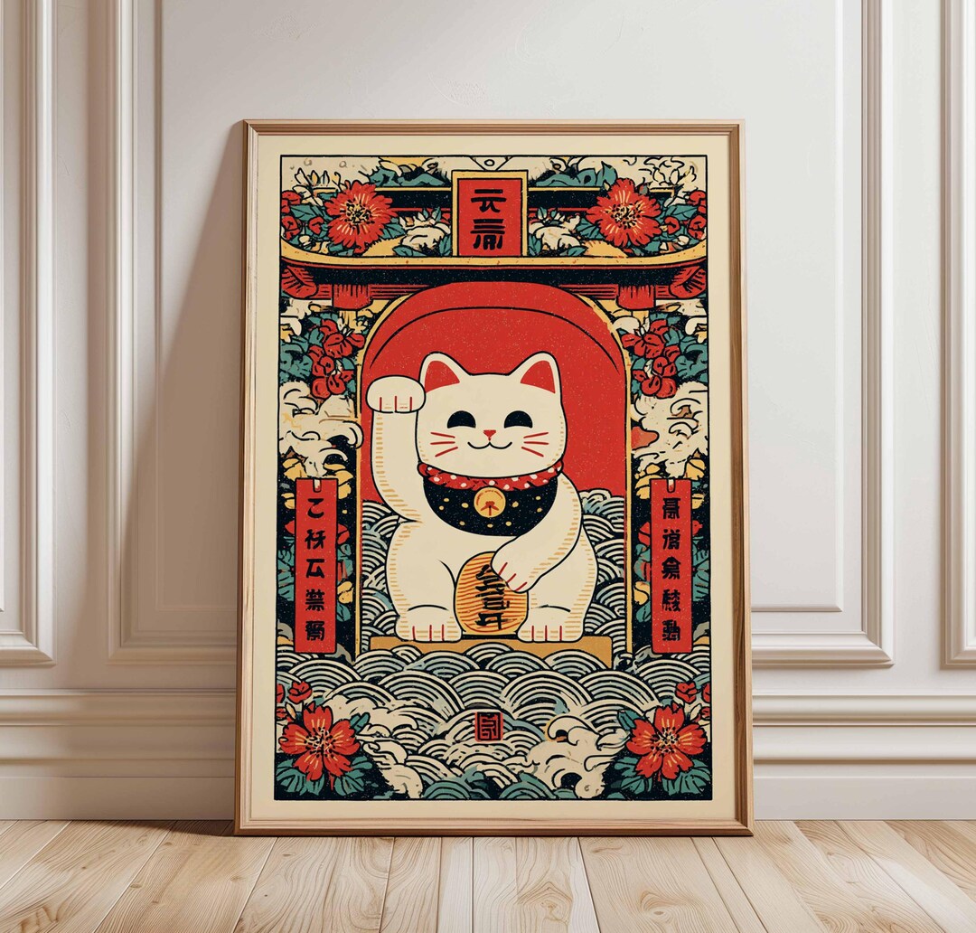 Japanese Lucky Cat Poster, Maneki Neko Print, Oriental Good Luck