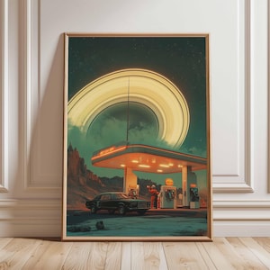 Póster retro de ciencia ficción, decoración cósmica surrealista de los años 70, póster espacial futurista, impresión de paisaje vintage, obra de arte espacial para dormitorio y sala de estar.