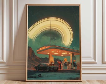 Stampa fantascientifica retrò, paesaggio cosmico anni '70, arte spaziale