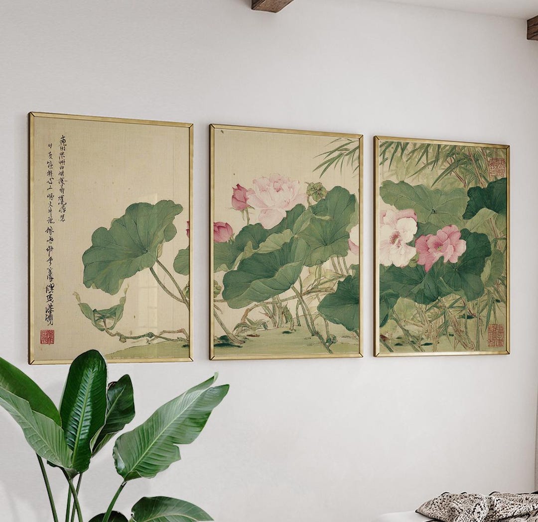 Asian Lotus Botanical Posters Set of 3 | Vintage Floral Wall Art - Etsy