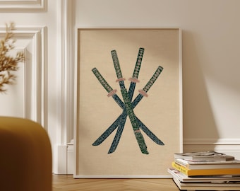 Samurai Sword Poster, Green Textured Illustration Art