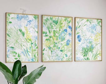Botanische bloemenkunst aan de muur, groen en blauw, set van 3
