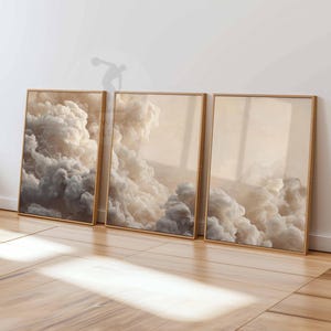 Beige Clouds Bedroom Wall Art Set of 3 Prints, White Clouds Beige Sky Posters, Vintage Home Decor, Set of 3 Large Poster Art, Bedroom Decor