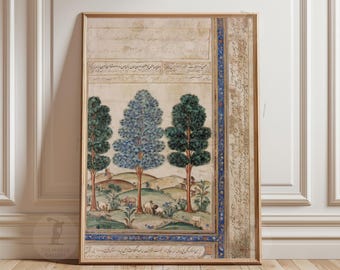 Persian Miniature Landscape Poster | Vintage Tree And Pastoral Scene Illustration | Traditional Persian Art Print