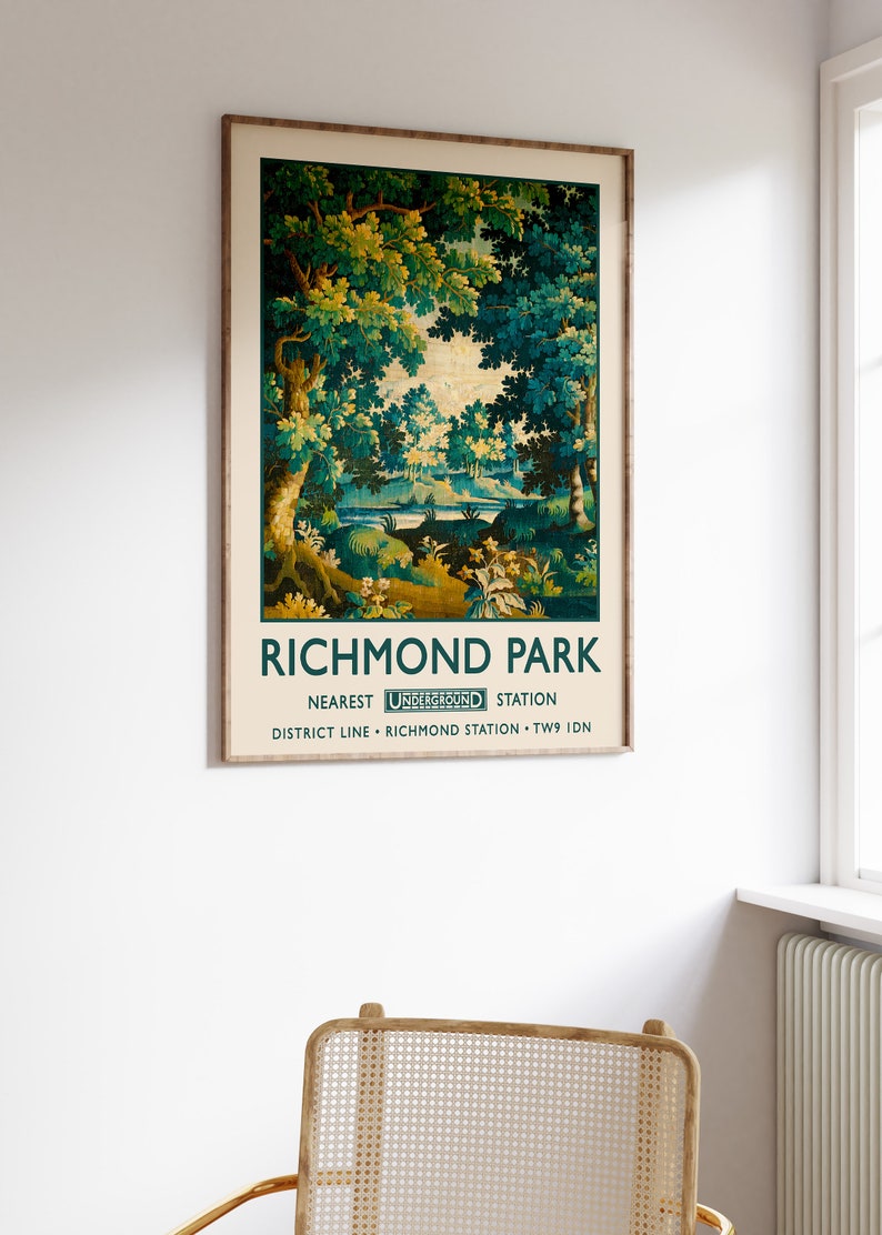 May include: A vintage-style poster advertising Richmond Park in London. The poster features a green and brown tapestry-like image of a forest scene. The text on the poster reads "Richmond Park" and "Nearest Underground Station District Line - Richmond Station - TW9 1DN."