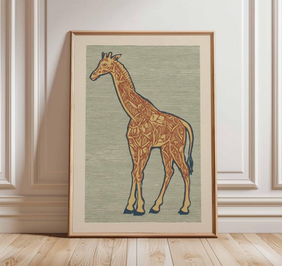 Giraffe Wall Art Print, Vintage Safari Animal Illustration, African Wildlife Poster for Jungle Inspired Home Decor, Animal Artwork