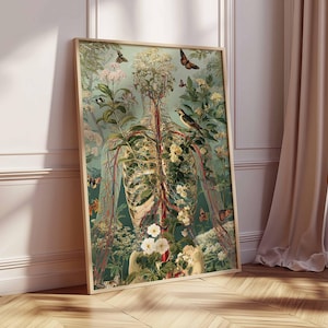 Pu&ograve; includere: Una stampa botanica incorniciata con una struttura scheletrica umana intrecciata con piante vibranti, farfalle e un uccello. L'opera d'arte ha un'estetica vintage con una tavolozza di colori verde chiaro e beige, creando una fusione unica di natura e anatomia.