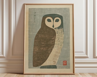 Japanse uilkunstdruk, vintage dierenposter in houtsnedestijl