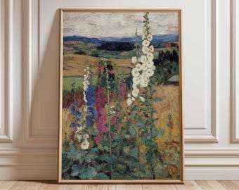 Arte mural de prado de flores silvestres, impresión de paisaje floral vintage, póster de jardín de casa de campo, decoración del hogar