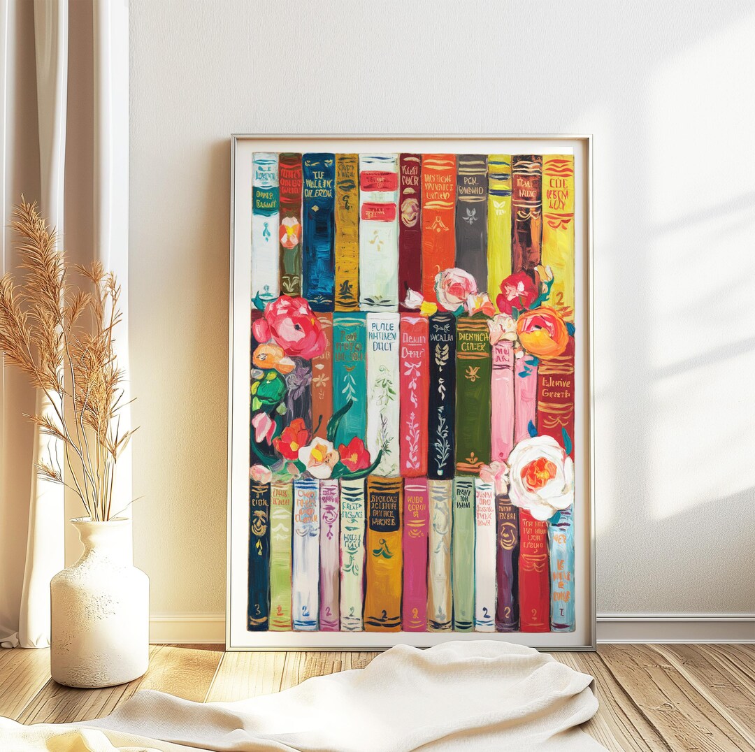 Vintage Bookshelf Art Print, Floral Library Poster - Etsy
