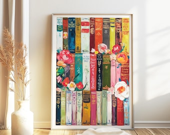 Vintage Bookshelf Art Print, Floral Library Poster