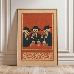 Skeleton Bar Poster, Vintage Mexican Folk Art Print, Day of the Dead Wall Art, Retro Skeletons Drinking Illustration, Gothic Home Decor