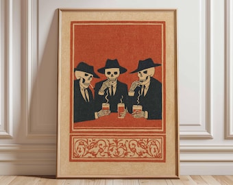 Skeleton Bar Poster, Vintage Mexican Folk Art Print, Day of the Dead Wall Art, Retro Skeletons Drinking Illustration, Gothic Home Decor