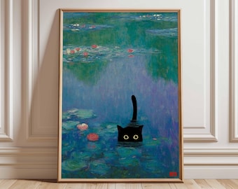 Black Cat Monet Lily Pond Print, Whimsical Watercolor Art