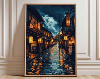 Serene Tokyo Night Print, Cherry Blossom Poster, Japan Street Art