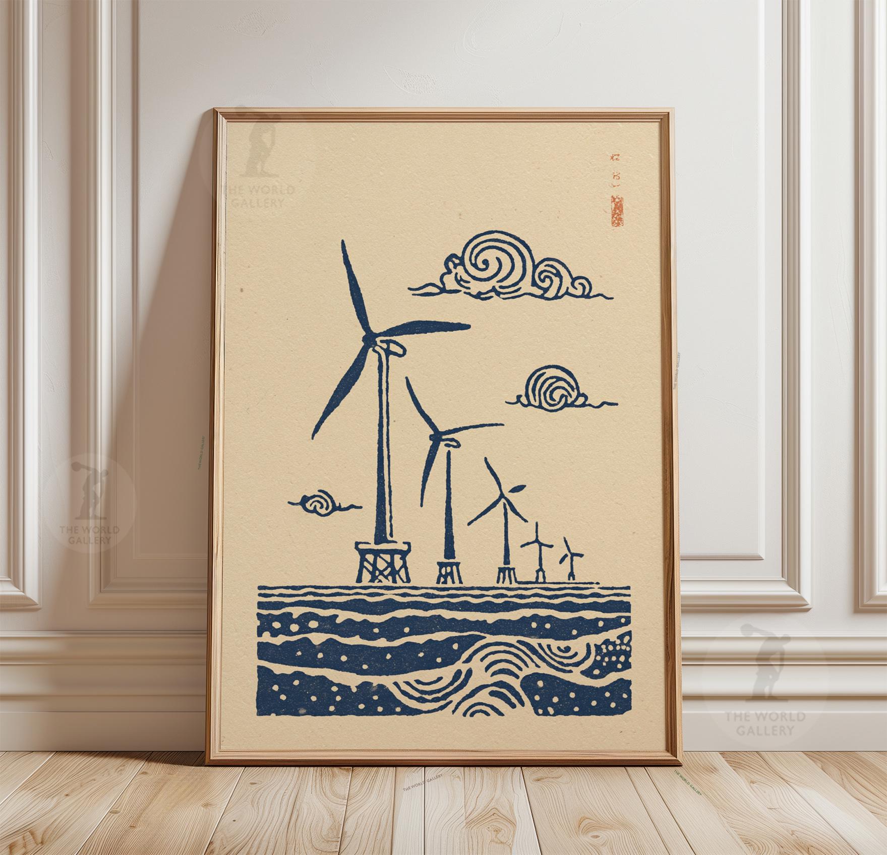 Blue Wind Turbine Print, Japanese Style Paper Poster, Coastal Art