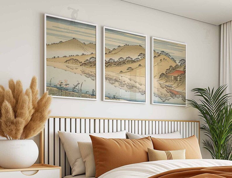 Set of 3 Japanese Floral Posters, Gold Japanese Prints, Botanical Wall