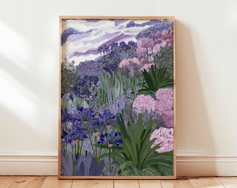 紫色の花園ポスター、植物ラベンダーアリウムのウォールアートプリント
