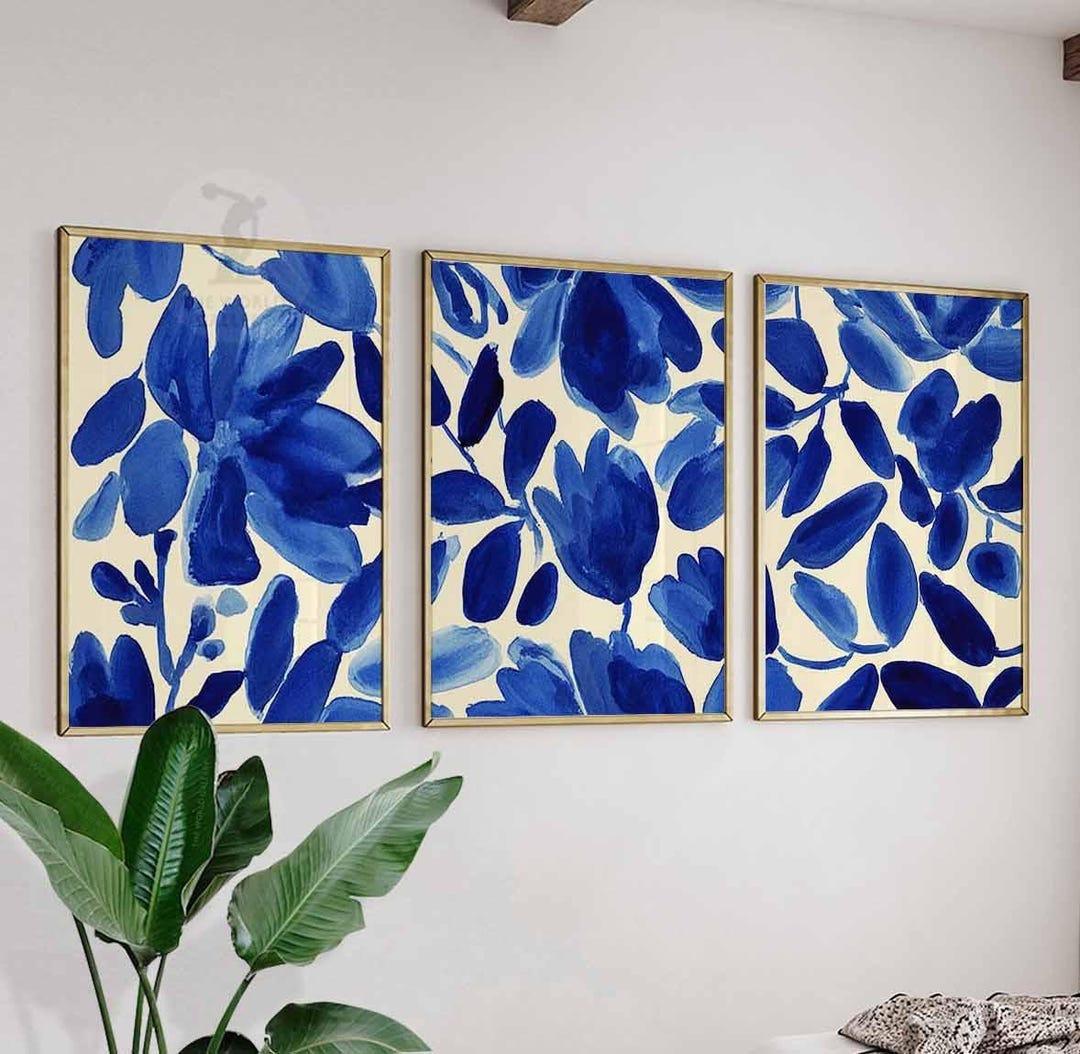 Set of 3 Blue Leaf Wall Art Prints, Modern Botanical Posters, Abstract ...