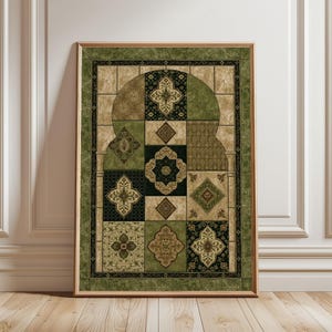 May include: A rectangular wall art print in a wooden frame featuring a mosaic-style design of an arched doorway. The pattern consists of various square and rectangular tiles in shades of olive green, dark black, and beige, decorated with intricate floral and geometric motifs.