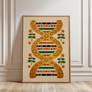 May include: A framed art print depicting a stylized DNA double helix. The artwork uses gold, brown, green, and red colours. The background is a neutral beige, and the print is in a wooden frame.