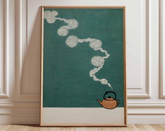 May include: A framed art print featuring a teal background with a white and beige border. A brown teapot with black handle and spout is on the bottom right, with white swirling steam rising upwards. The artwork is in a wooden frame.