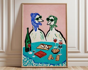 Whimsical Duck Dinner Art Print, Retro Kitchen Wall Decor