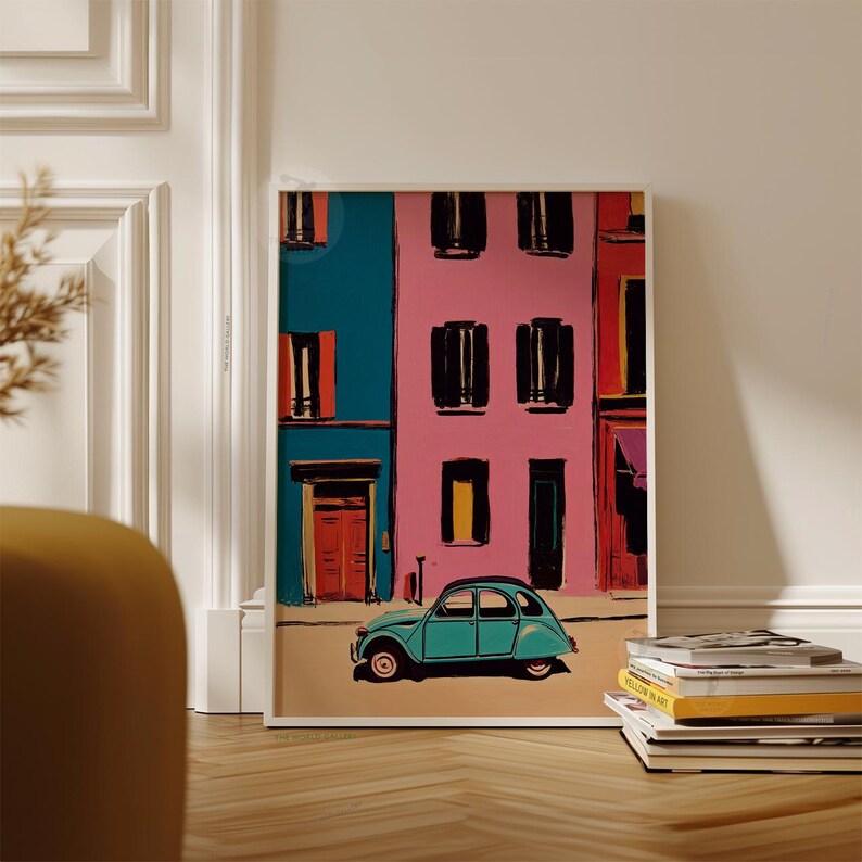 Retro Car Poster | Colorful City Art | Vintage Street Scene Print | Modern Pop Wall Decor image 4