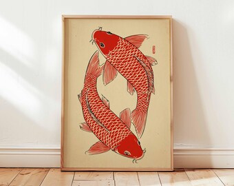Japanese Koi Fish Art Print, Ukiyo-e Zen Wall Decor