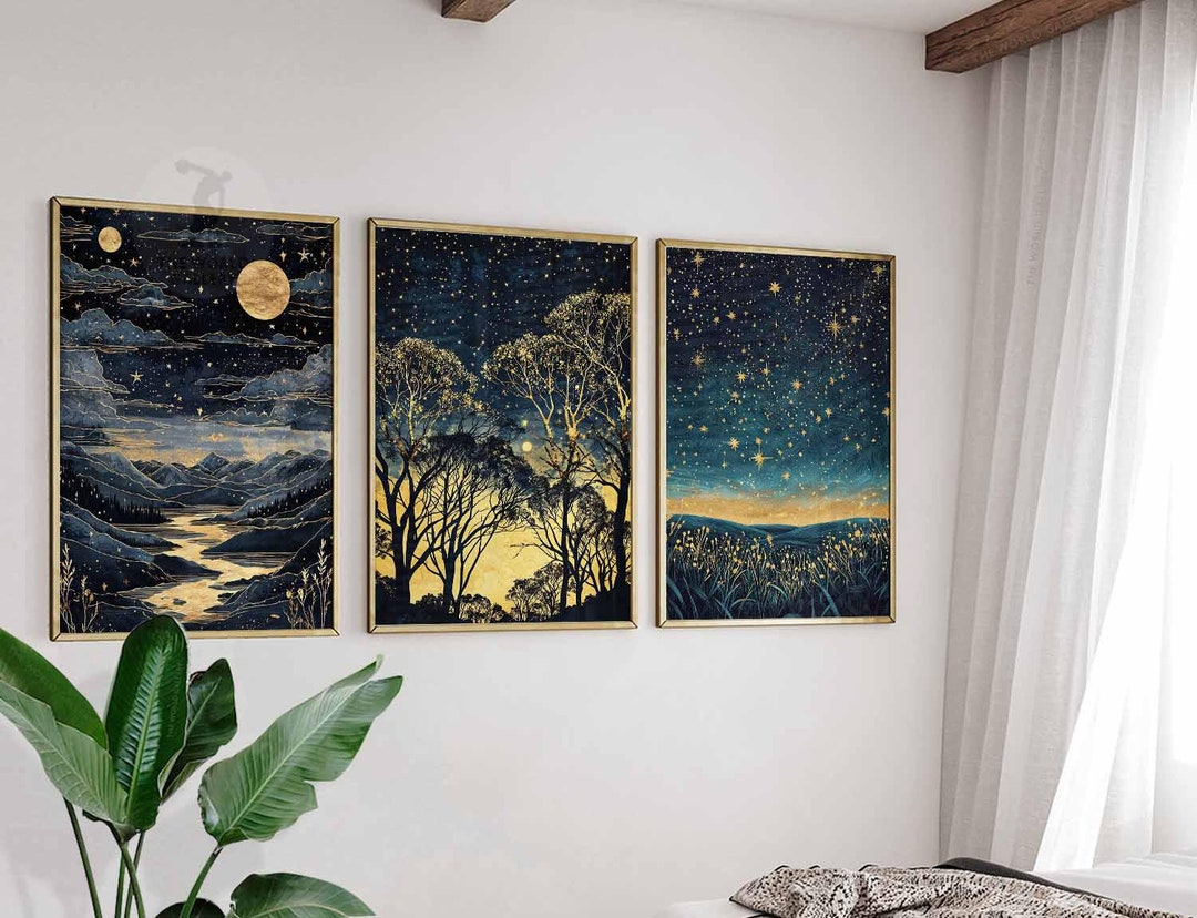William Morris Night Sky Print Set, Gold Moon, Botanical Art - Etsy