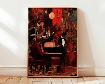 May include: A framed art print depicting a jazz band performing in a dimly lit club. The musicians are playing a piano, saxophone, and double bass. The color palette is dominated by reds and blacks, creating a moody atmosphere.