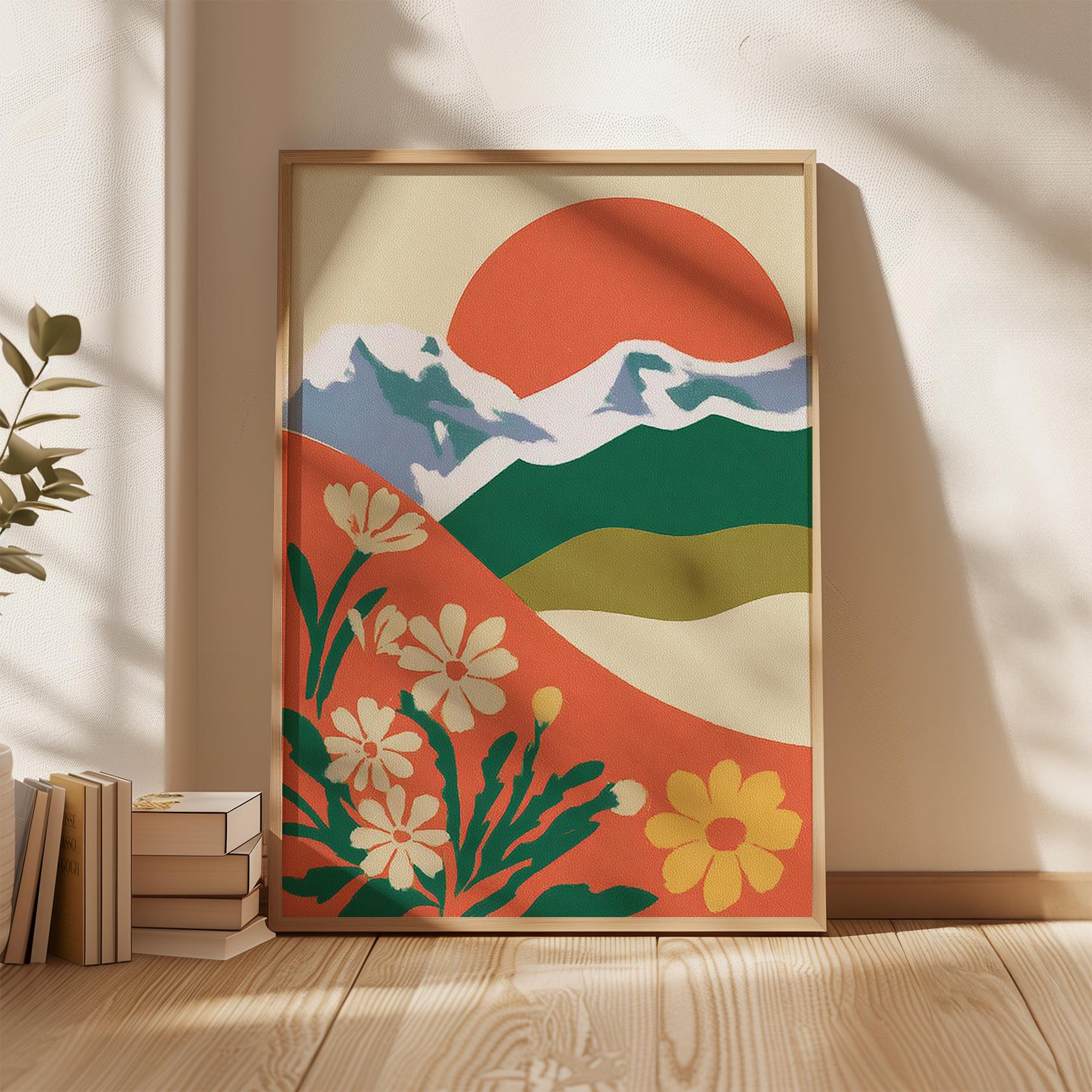 Mid Century Mountain Art Print, Retro Floral Landscape - Etsy