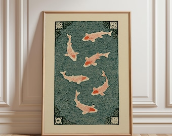 Koi Fisch Illustration im Japanischen Linoldruck Stil