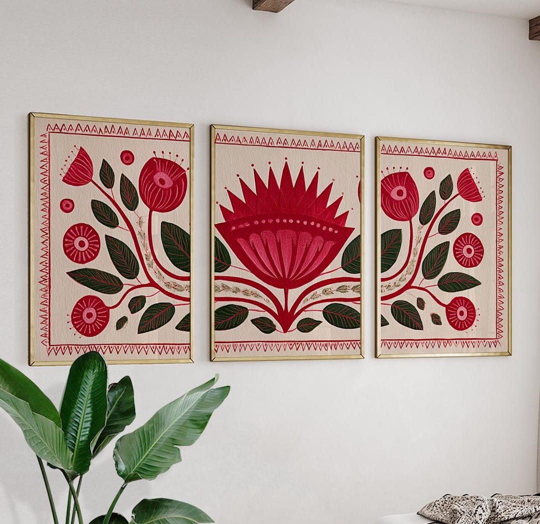 Red Floral Wall Art Poster Set | Scandinavian Folk Botanical Prints ...