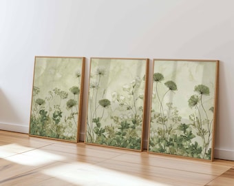 Sage Green Botanical Wall Art Set of 3, Minimal Floral Prints, Modern Nature Posters for Bedroom, Living Room or Scandinavian Home Decor