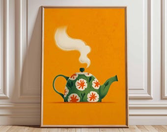 Retro Teapot Print, Mid Century Modern Kitchen Decor