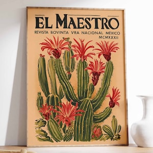 Vintage Mexikanische Kaktus Poster, Bunte mexikanische Kunstdrucke, Mexikanische Dekoration, Traditionelle Mexikanische Kunst, Blumendekor, Latein Druck, Mexikanisches Geschenk