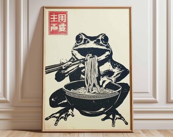Frog Ramen Poster, Quirky Japanese Food Illustration