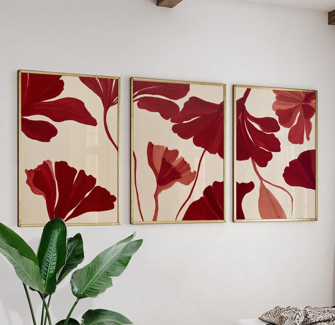 Red Abstract Floral Wall Art Posters Set of 3 | Modern Botanical ...