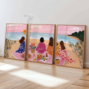 Beach Picnic Wall Art Set of 3, Summer Coastal Poster Trio, Ocean Sunset with Friends, Vibrant Girls on Beach Prints, Seaside Wall Decor