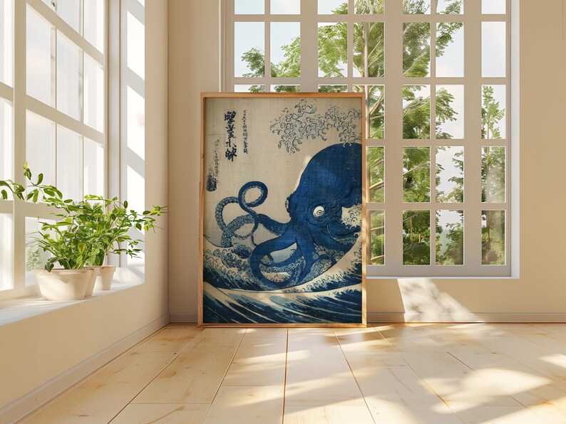 Japanese Octopus Wave Poster, Ukiyo-e Style Wall Art, Blue Sea Print ...