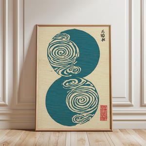 Puede incluir: Impresión artística enmarcada con dos círculos superpuestos de color azul verdoso, cada uno con patrones blancos en espiral. Texto japonés y un sello rojo visibles. La impresión está enmarcada en un marco de madera.