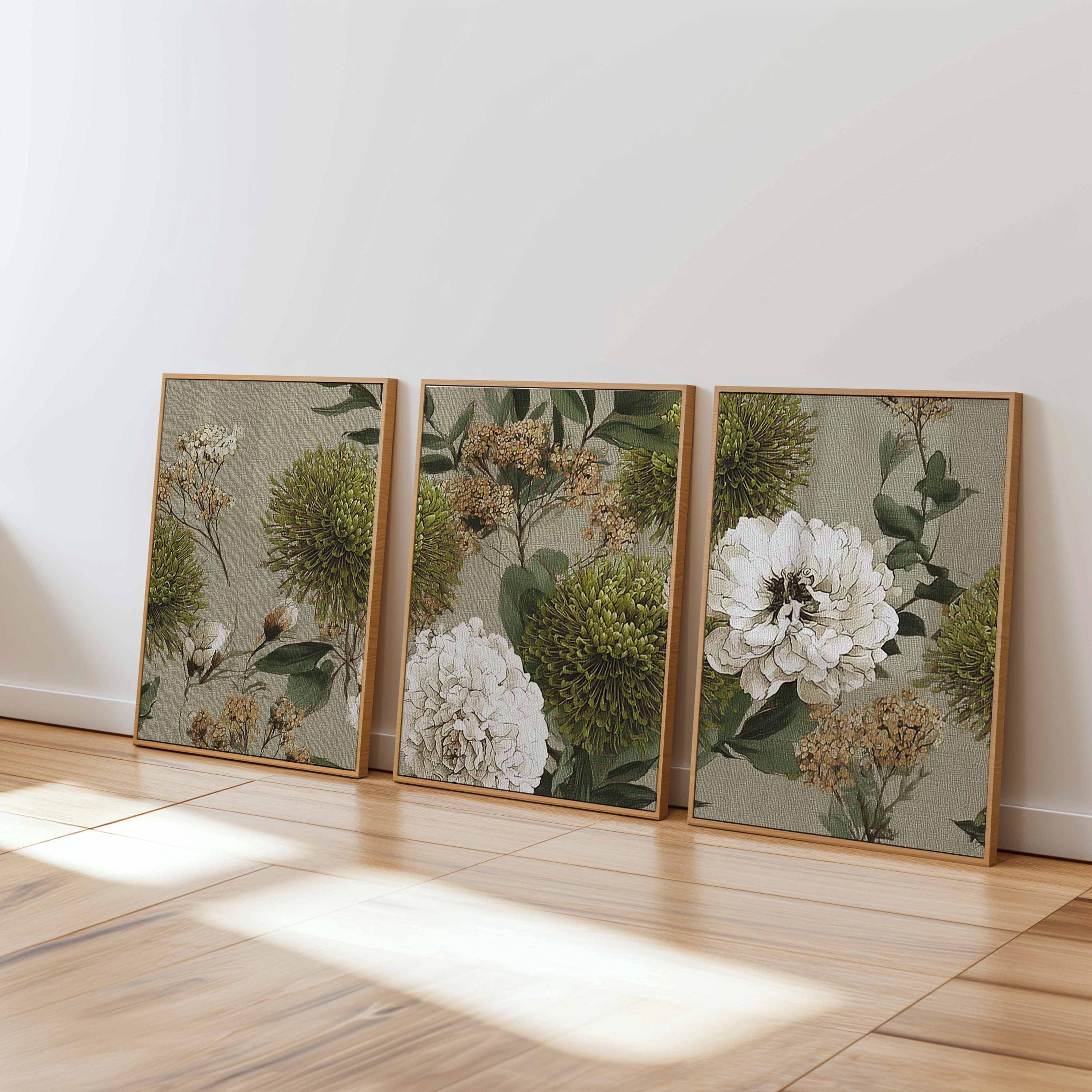 Olive Green Floral Wall Art Prints Set of 3, Modern Botanical Posters ...