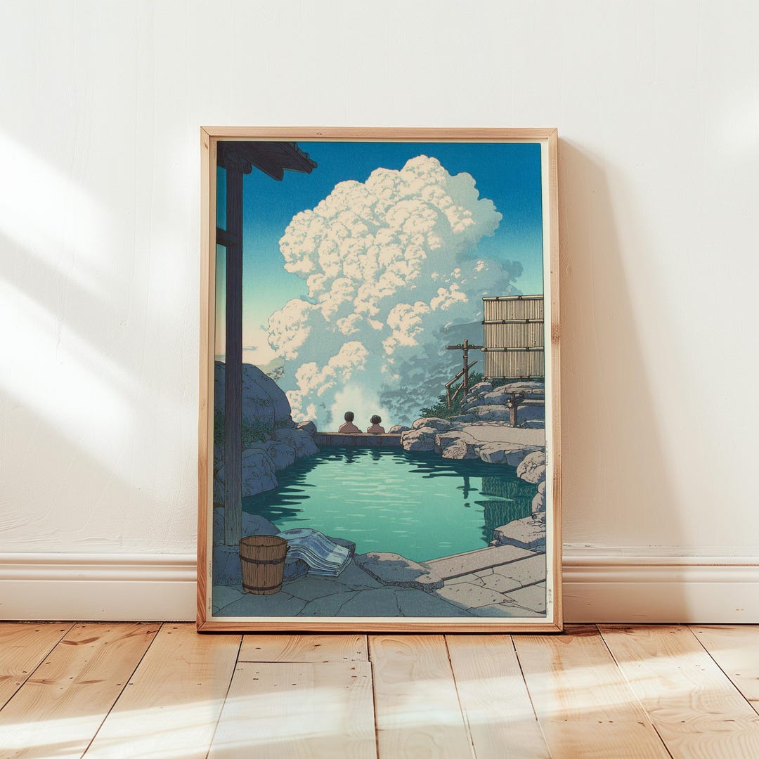 Japanese Onsen Hot Spring Poster | Outdoor Bath Landscape Illustration ...