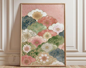 Pink And Green Floral Poster | Japanese Inspired Botanical Wall Art | Vintage Pattern Illustration