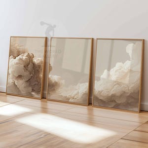 Beige Clouds Bedroom Wall Art Set of 3 Prints, White Clouds Beige Sky Posters, Vintage Home Decor, Set of 3 Large Poster Art, Bedroom Decor